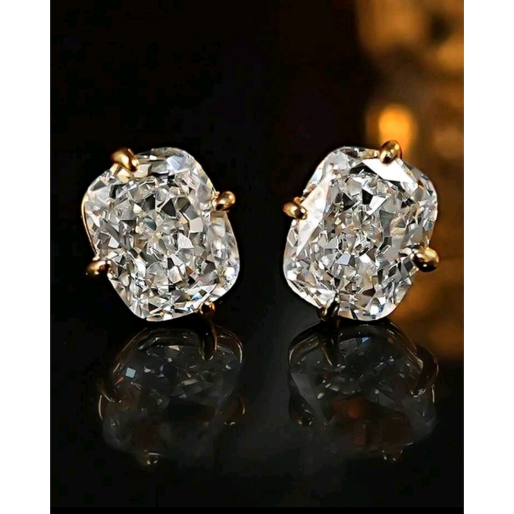 8 ctw Cushion Cut Simulated Diamond Studs Set in Yellow Gold Prongs